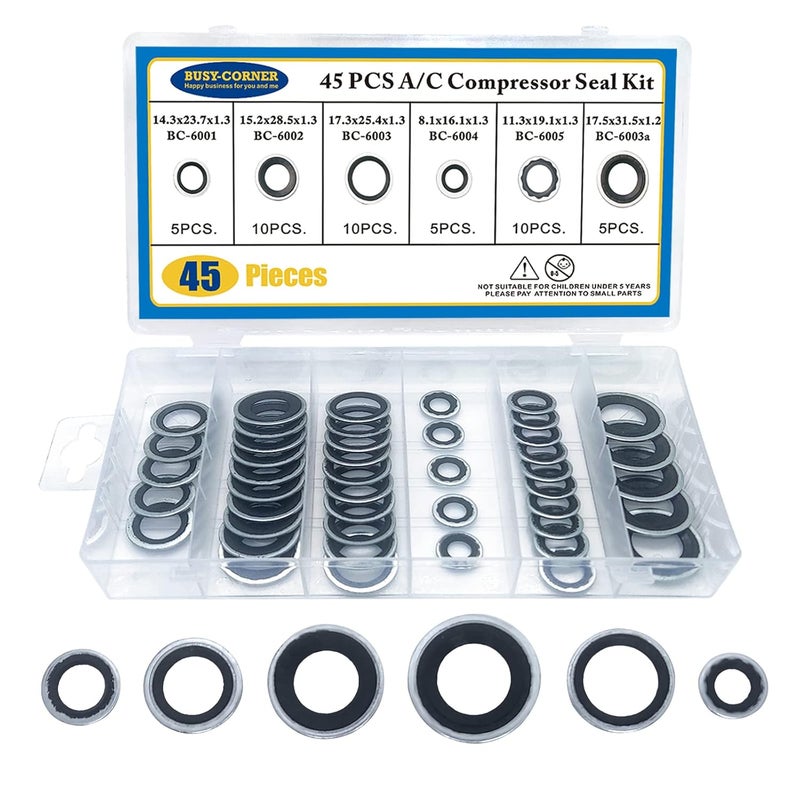 BUSY-CORNER Air Conditioning Compressor Port Seal Washer Kit A/C Gasket Assortment 45 Pieces AC Compressor Washer Seals Bonded Seal Gasket Assortment - Image 1